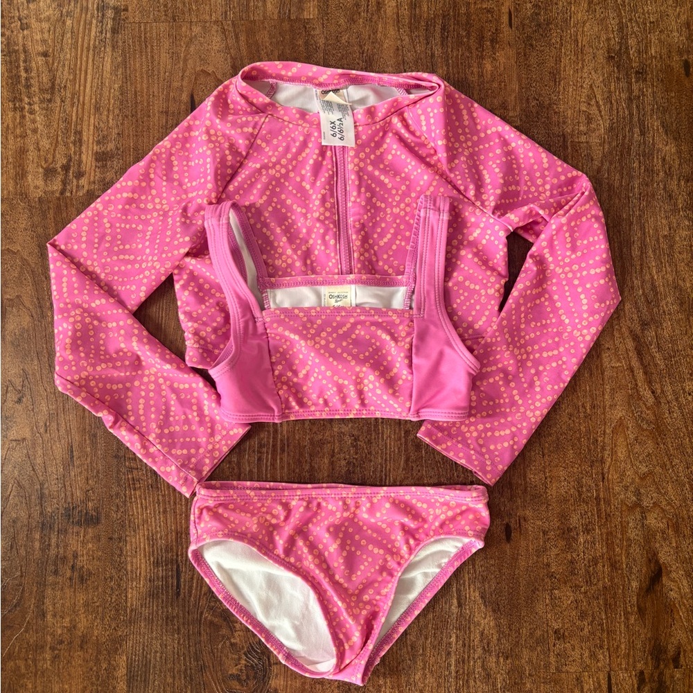 OshKosh B'gosh Pink Three-Piece Girls Swim Set with Gold Dot Pattern